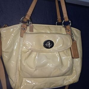 Coach Glossy Cream and Tan Shoulder Bag